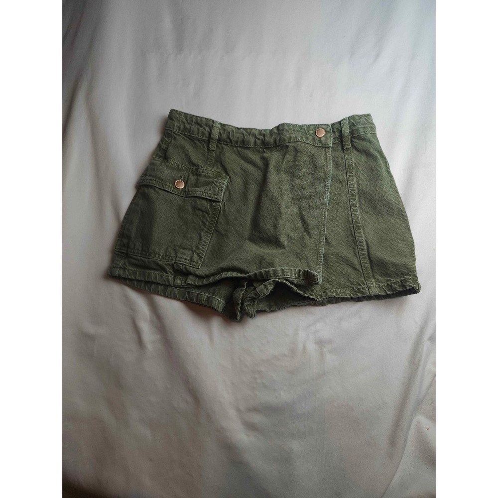 Zara Olive Green Denim Skort Cargo Pocket Utility Mini Skirt Shorts Size M 28